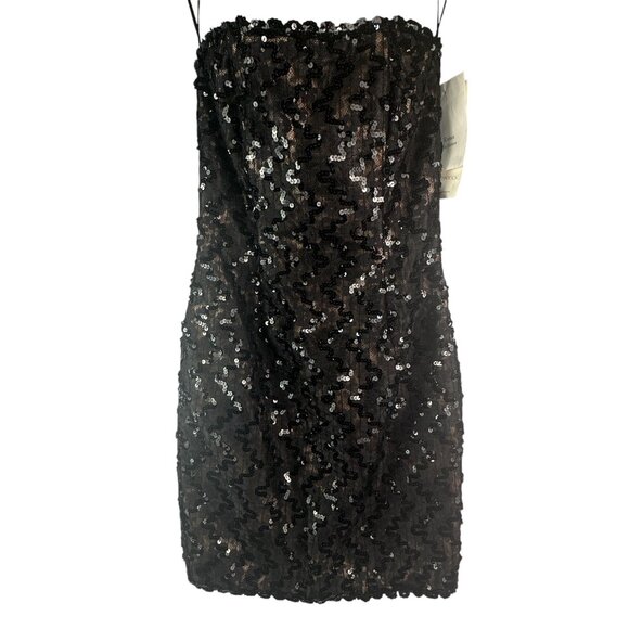 Jessica McClintock Vtg Black Sequin Mini Bodycon Party Cocktail Dress Size 8 NWT - Picture 1 of 14